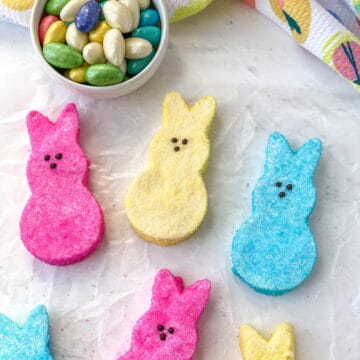 Pink, yellow. and blue bunny-shaped Homemade Peeps.