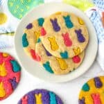 honey sugar cookies with easter peep pattern on a white plate.