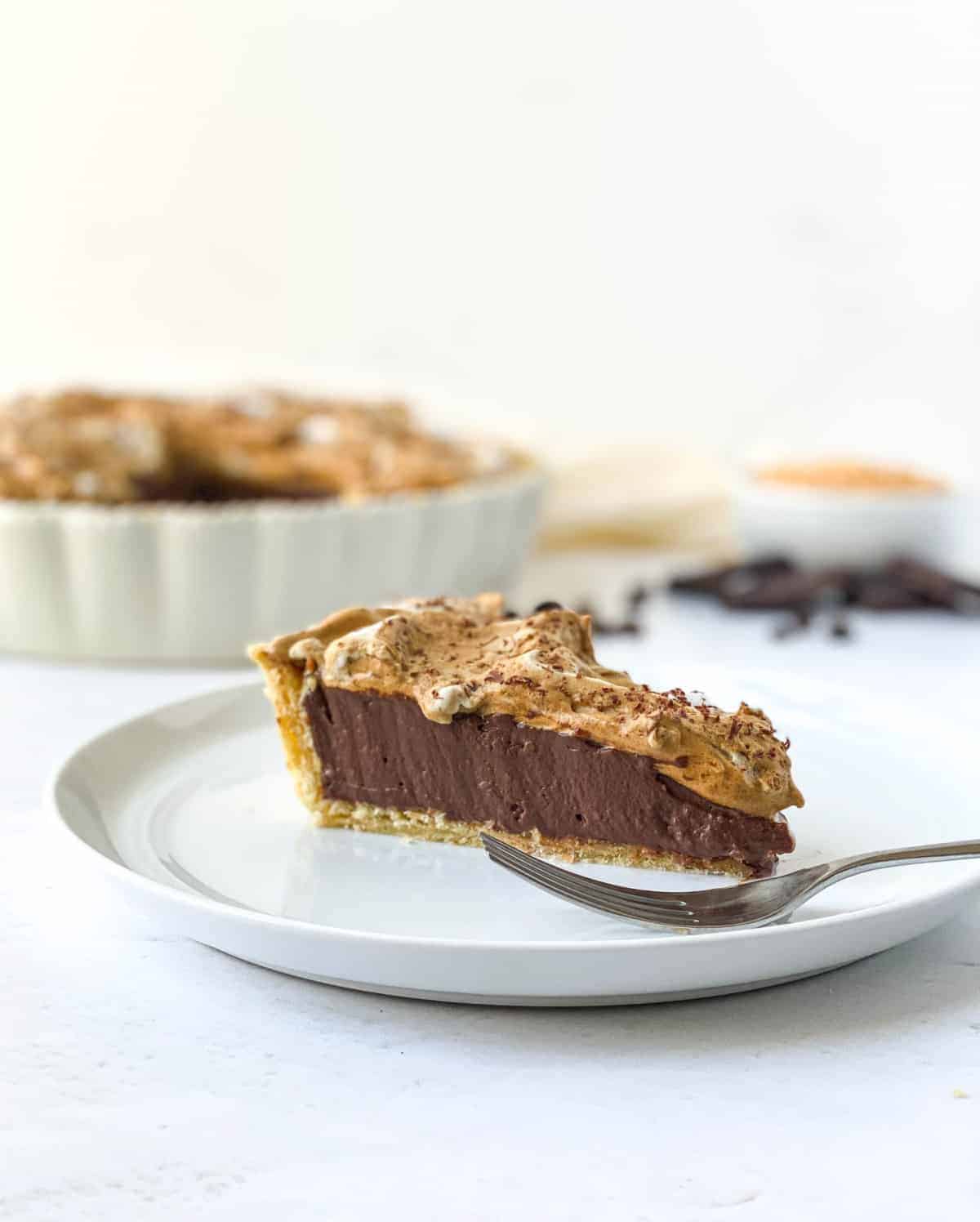 Slice of Coconut Mocha Pie on a white plate.