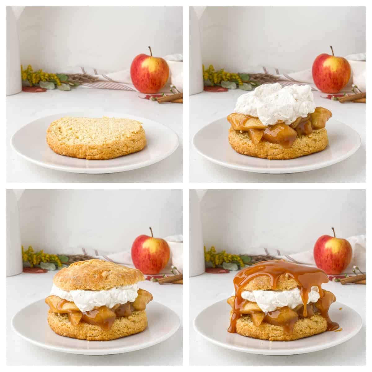 Collage of images of Caramel Apple Shortcake being assembled, showing layers of cornmeal biscuit, baked apples, whipped cream, and caramel sauce