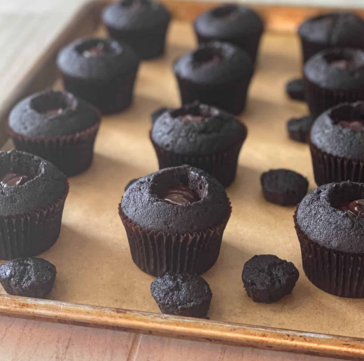 Black Velvet Cupcakes with centers filled with ganache.