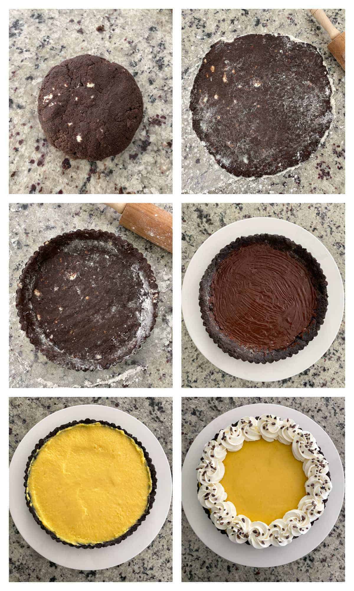 Collage showing the steps to making a Chocolate Mango Tart from rolling out the dough, the unbaked crust, baked crust with melted chocolate spread inside, crust filled with mango curd, and finally the completed tart