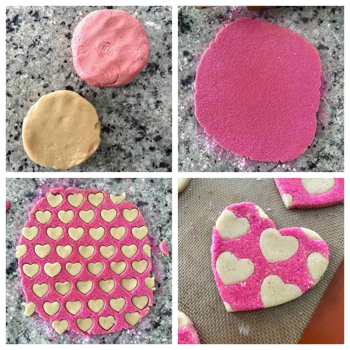 Process photo collage of making heart-patterned Honey Cookies.