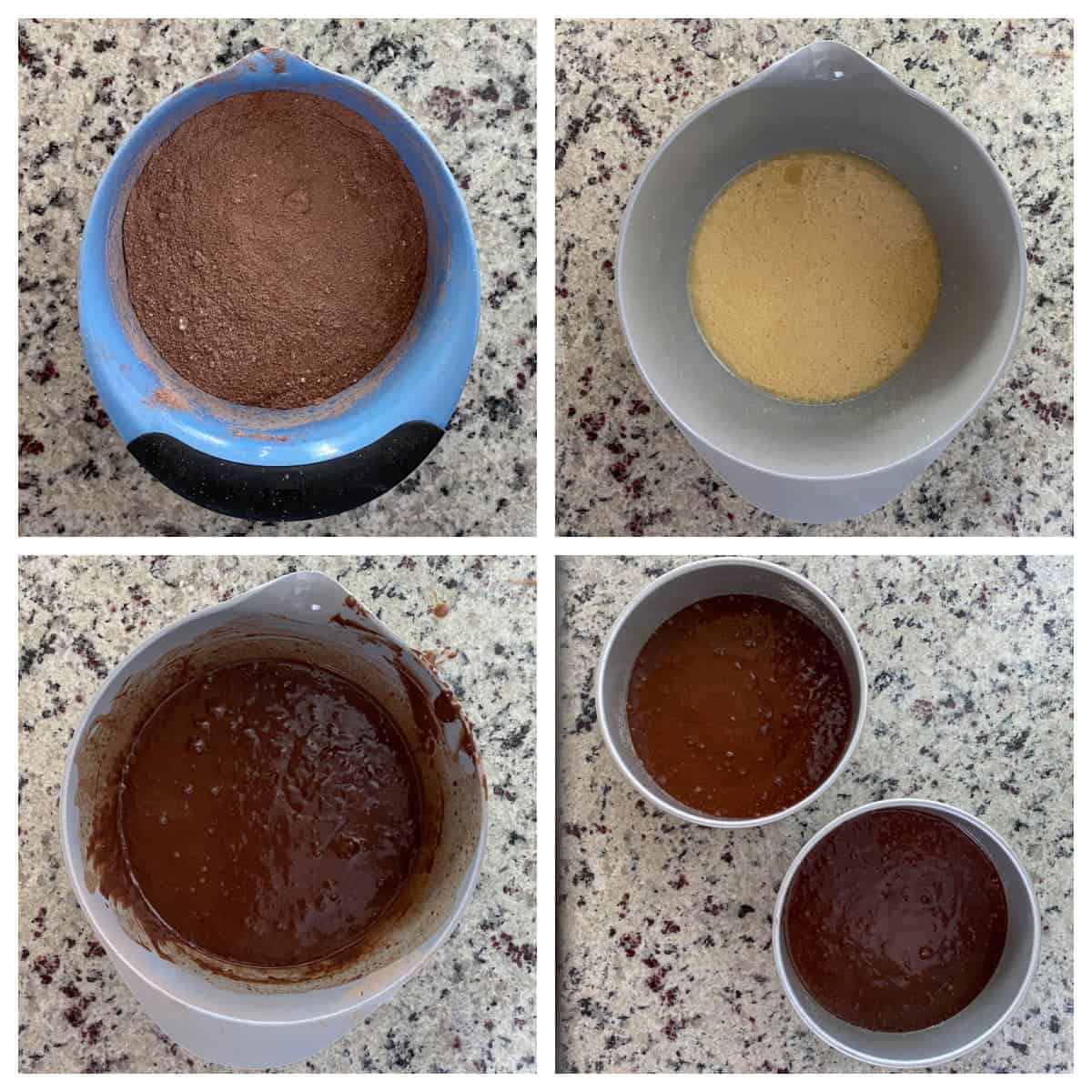 Steps to making the batter for Chocolate Champagne Cake.