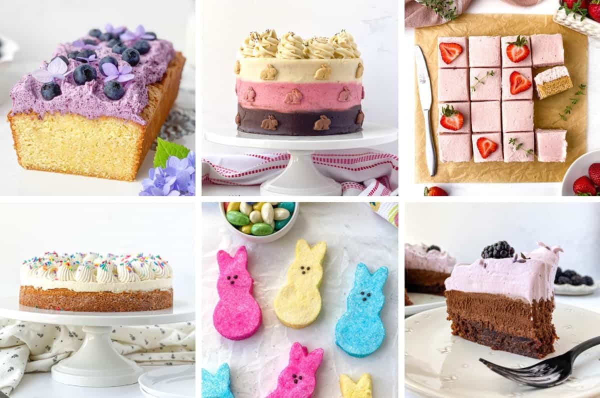 Collage of six Easter desserts, including Blueberry Cornmeal Pound Cake, Neapolitan Cake, Strawberry Thyme Blondies, Vanilla Bean Blondie Cheesecake, Homemade Marshmallow Peeps, and Blackberry Lavender Brownie Pie.