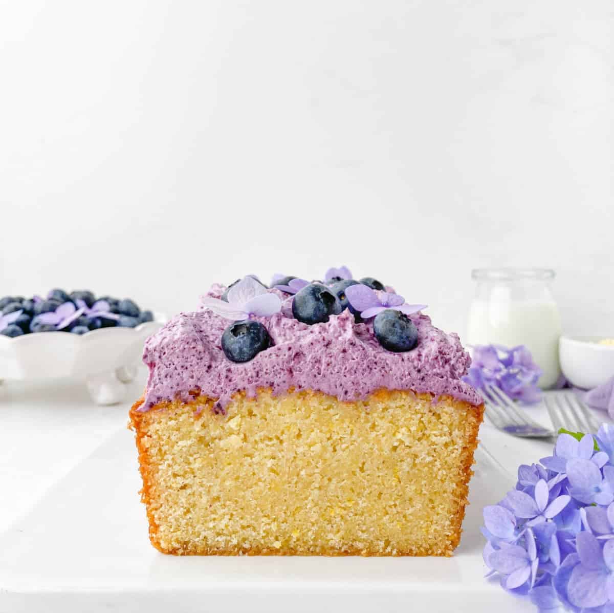 Closeup of sliced Blueberry Cornmeal Pound Cake.