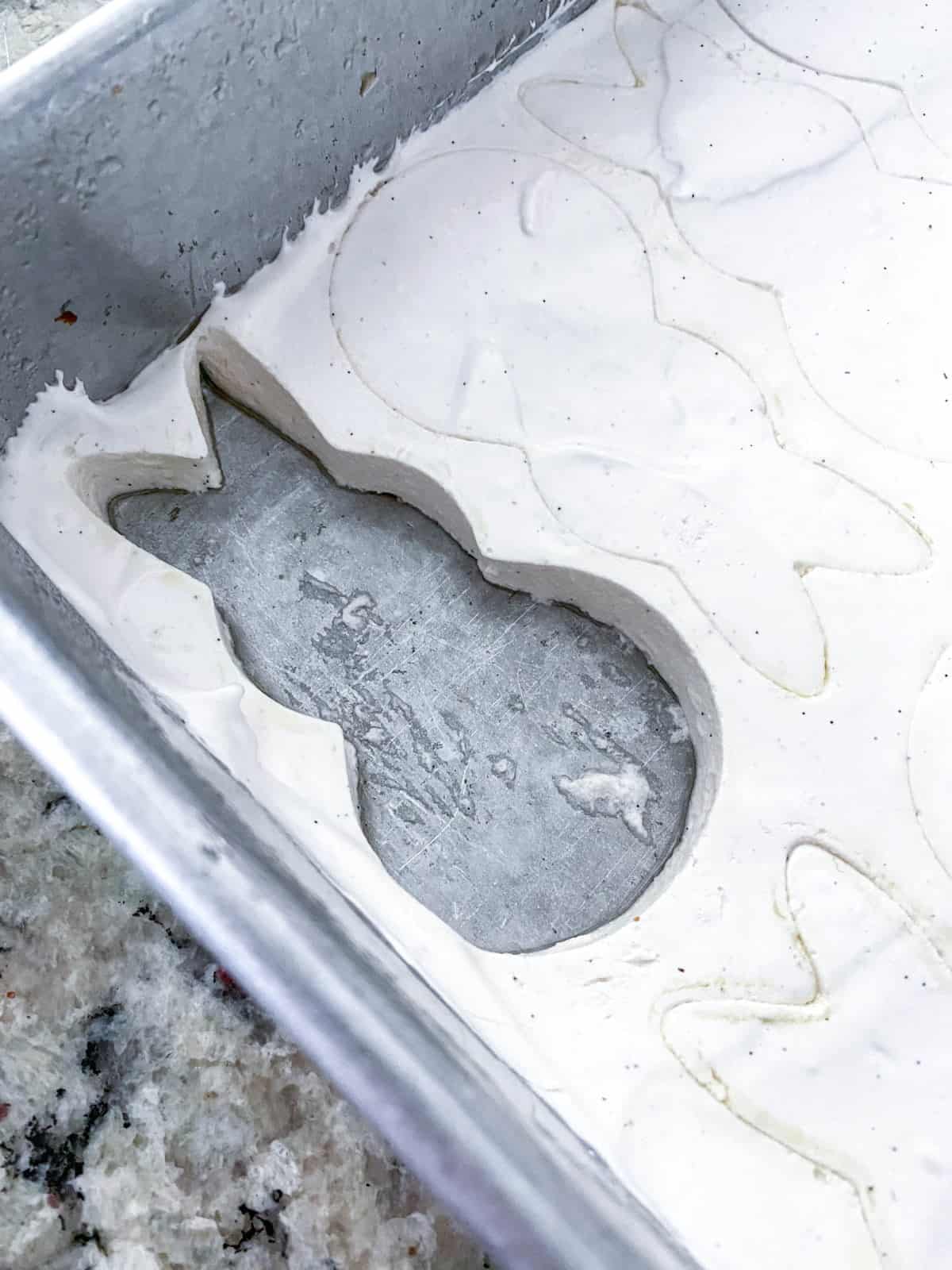 Closeup of vanilla bean marshmallows with bunny shapes cut out.
