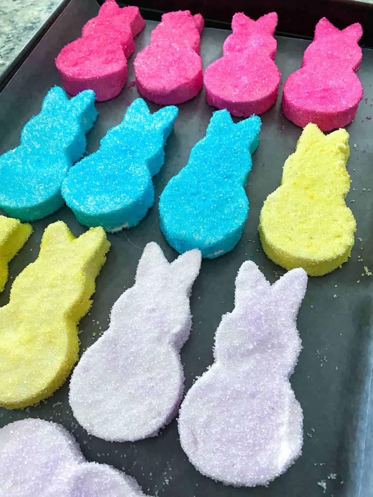 Homemade Peeps coated in pink, blue, yellow, and purple sugar on a baking sheet.