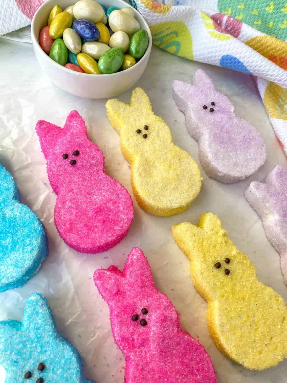 Blue, pink, yellow, and purple bunny-shaped Homemade Peeps.