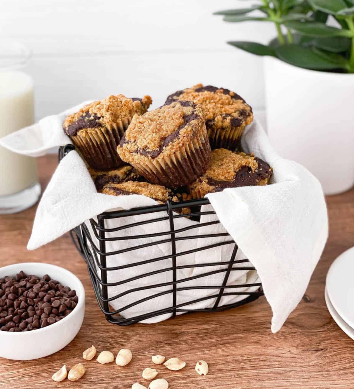 Basket of Chocolate Peanut Butter Muffins.