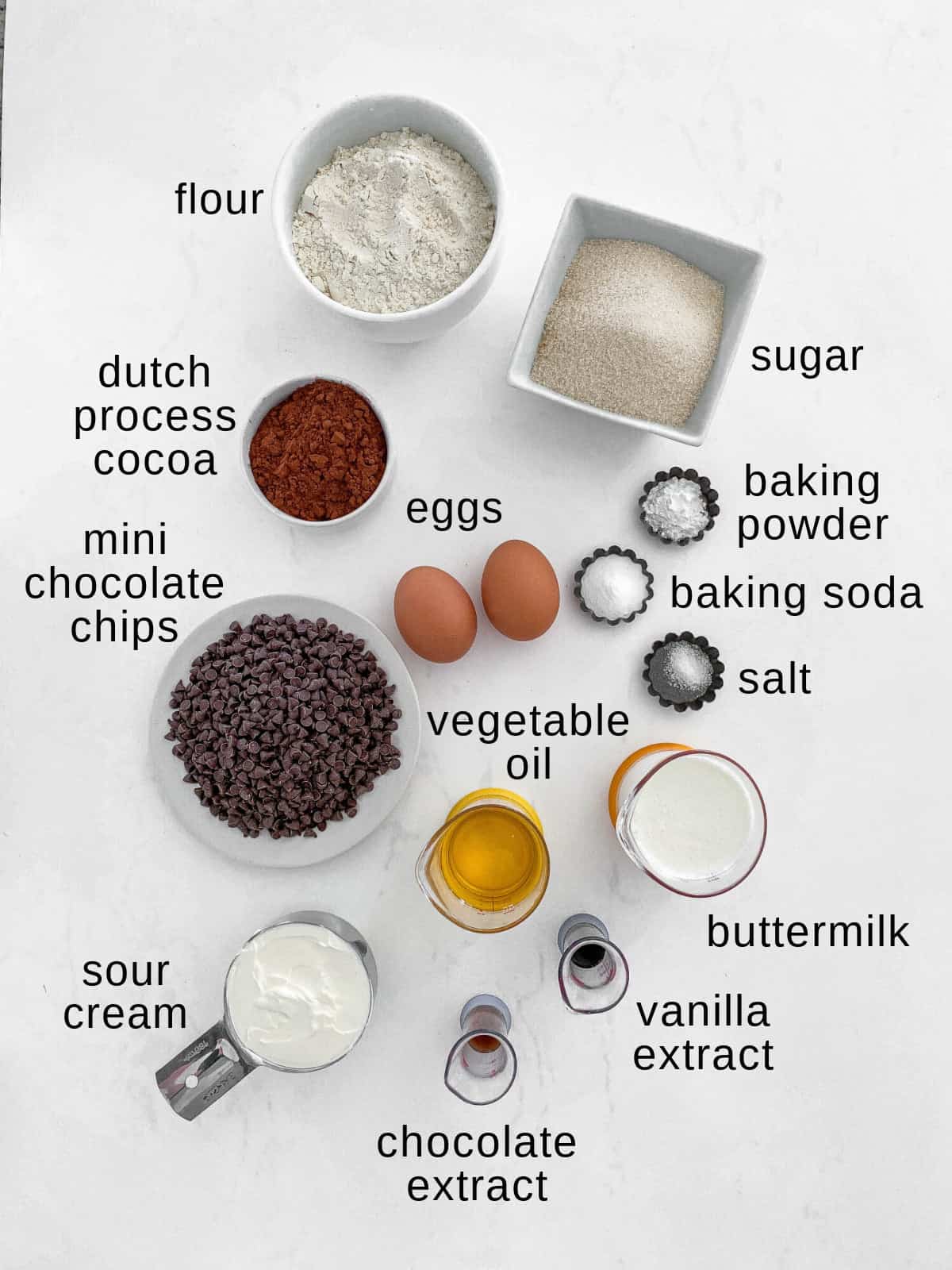 Double chocolate muffins ingredients.