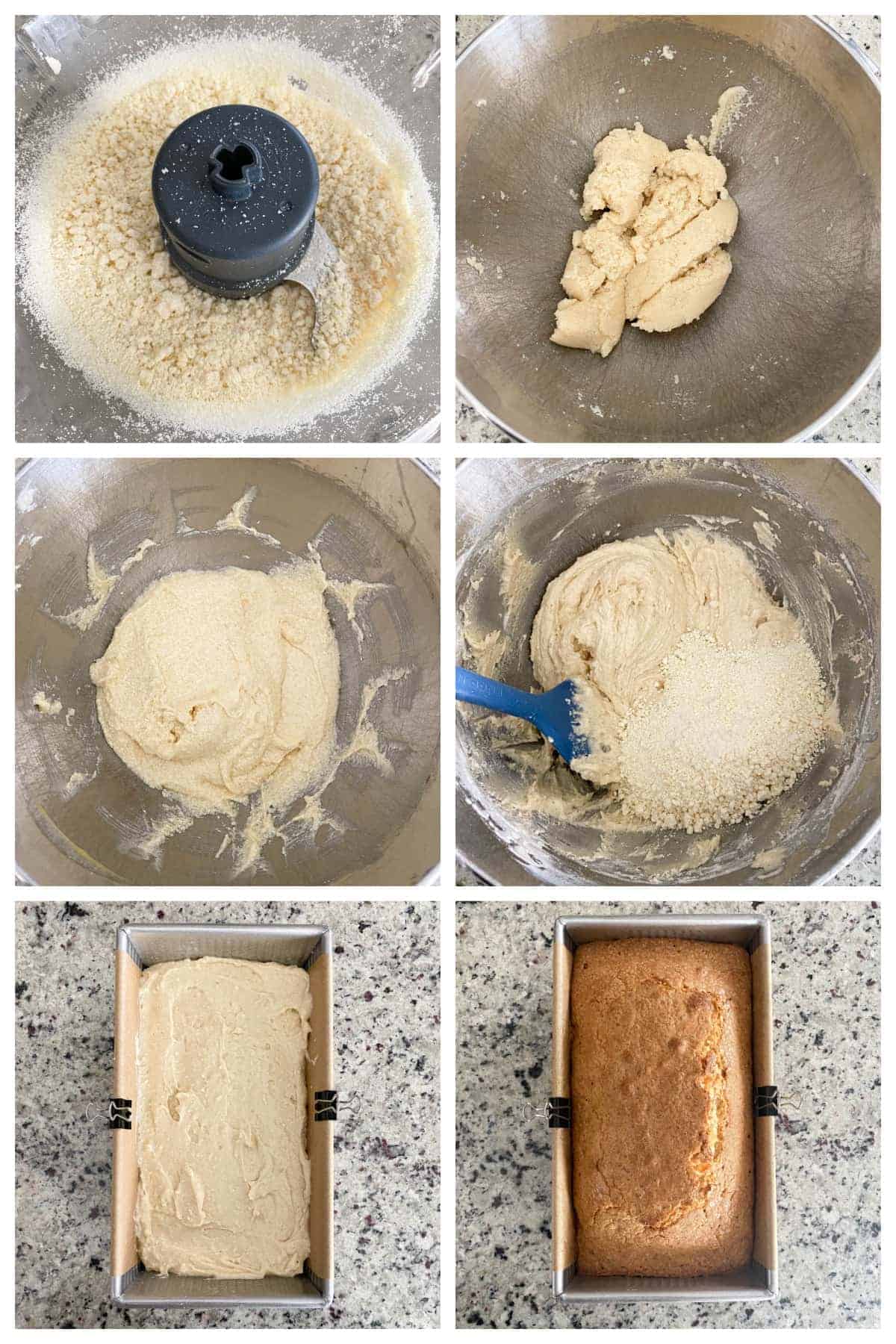 Collage of photos showing the steps to making the cake.
