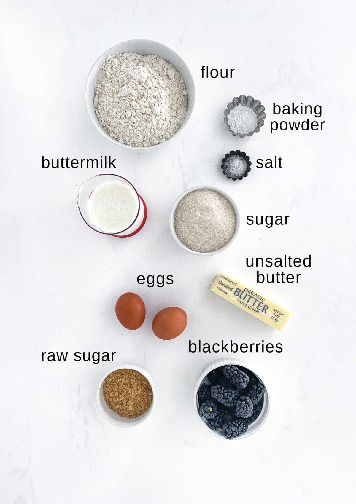 Blackberry Buttermilk Muffin ingredients on a white bacground.