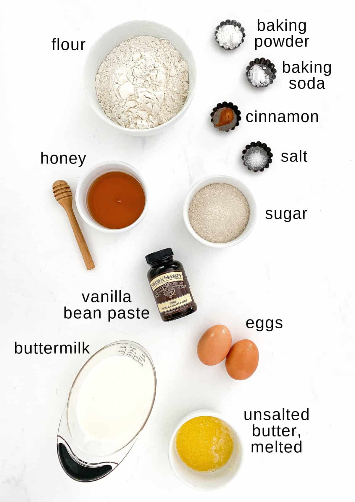 Honey Doughnuts ingredients on a white background.