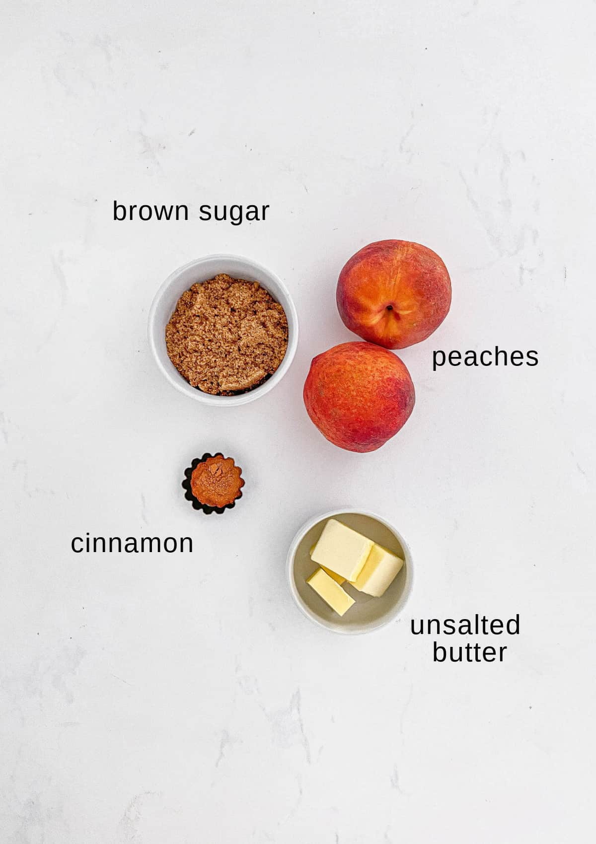 Peach Cobbler Pound Cake topping ingredients on a white background.