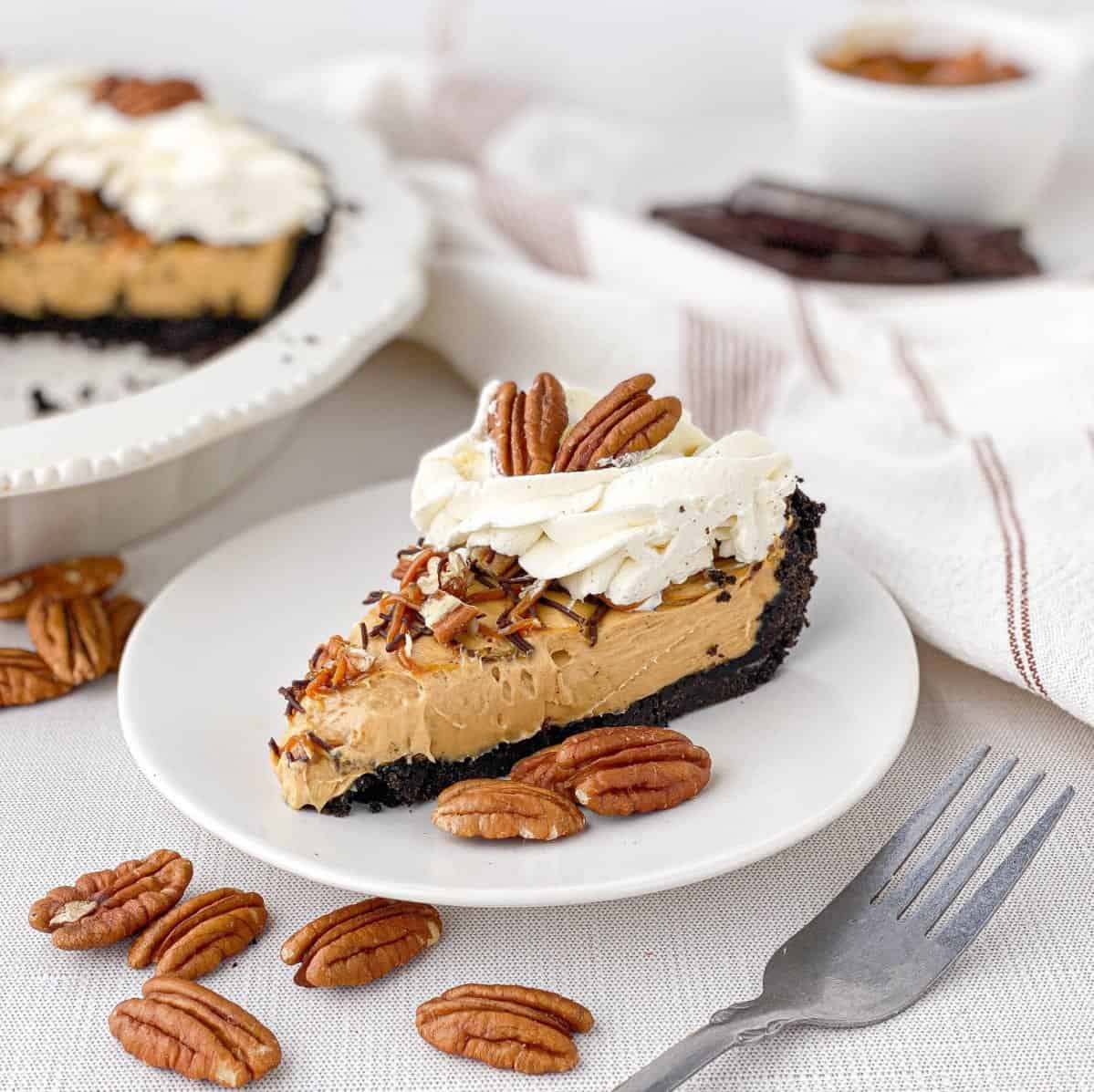 Slice of Turtle Pie on a white plate.