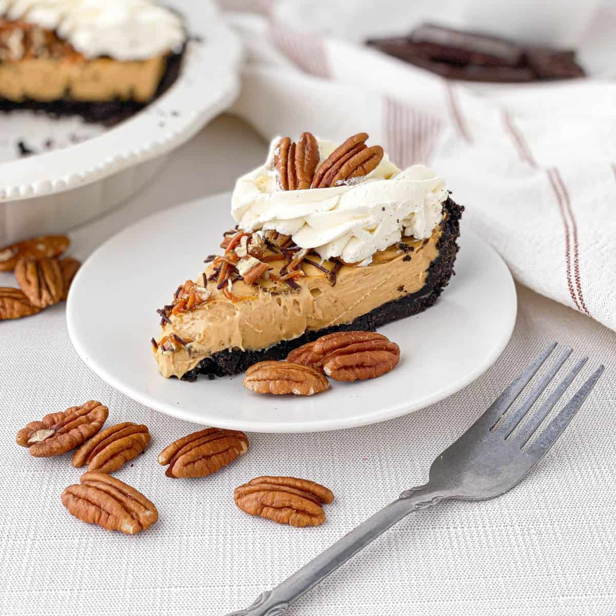 Slice of Turtle Pie on a white plate.