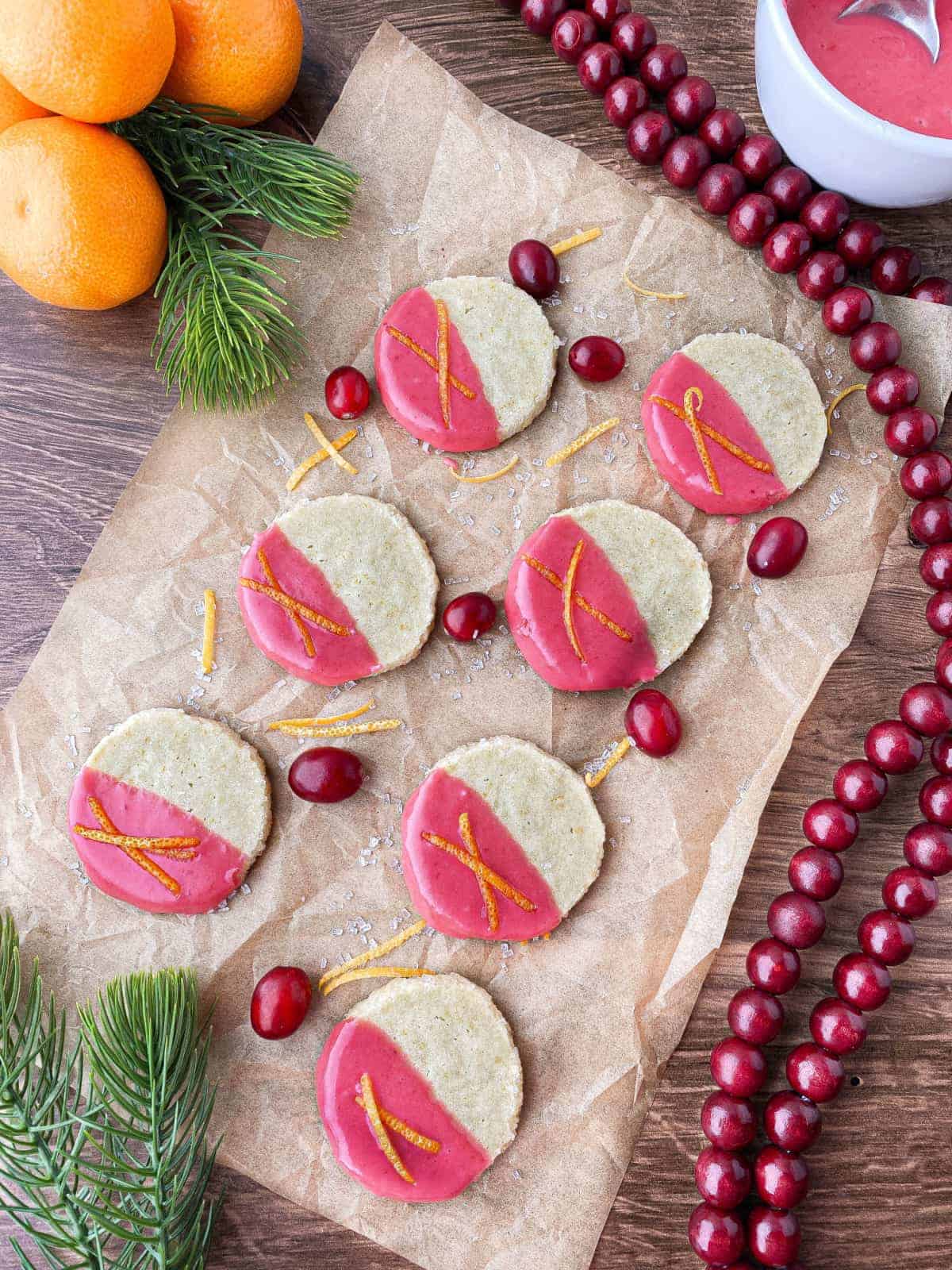 Top view of Orange Shortbread Cookies with Cranberry Glaze.