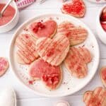 Top view of heart-shaped Strawberry Shortbread Cookies.