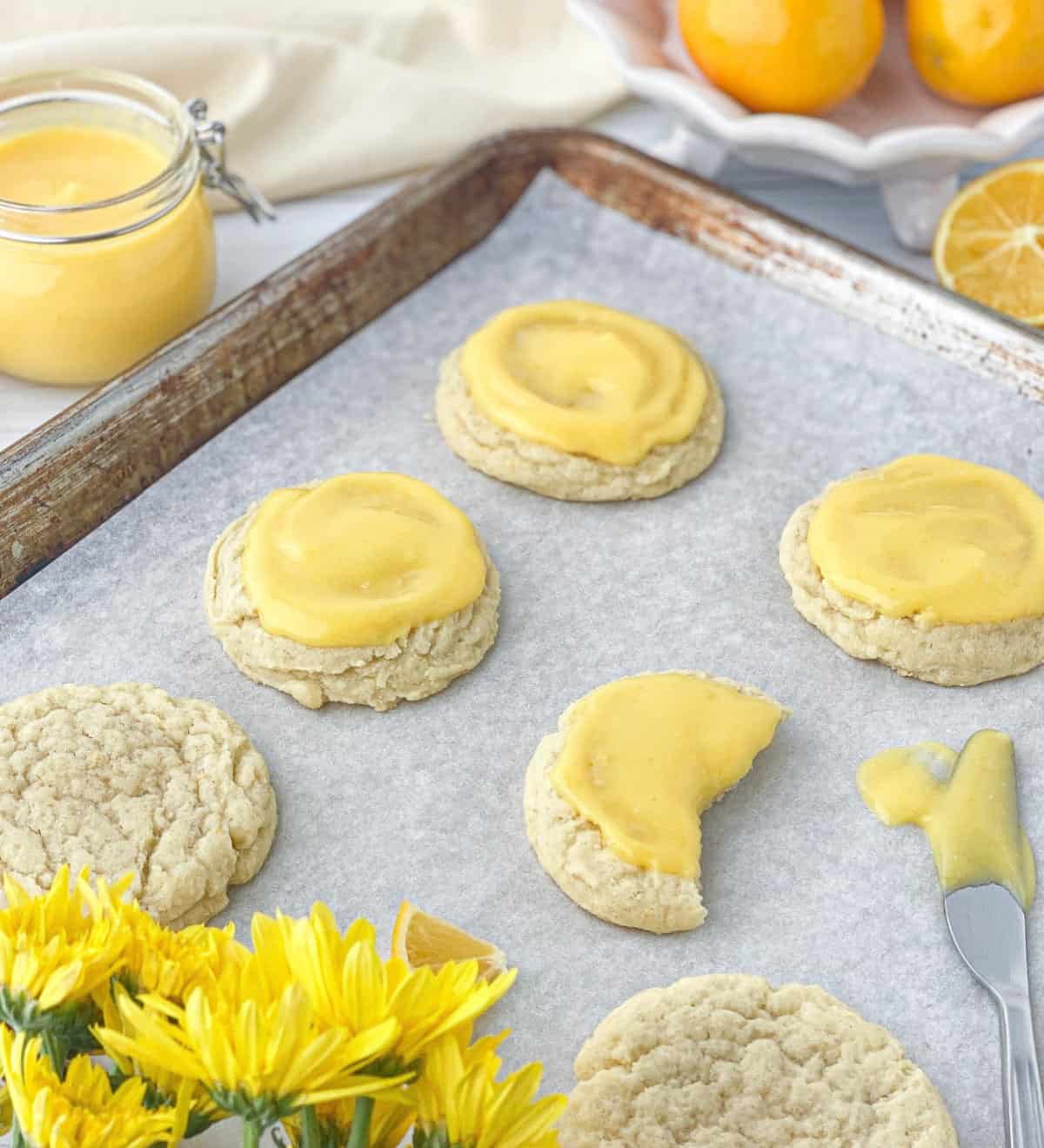 Lemon Curd Cookies on a baking sheet.