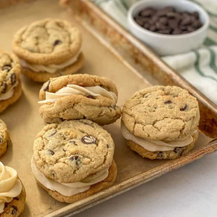 Bailey's Chocolate Chip Cookies with Irish cream buttercream on a baking sheet.