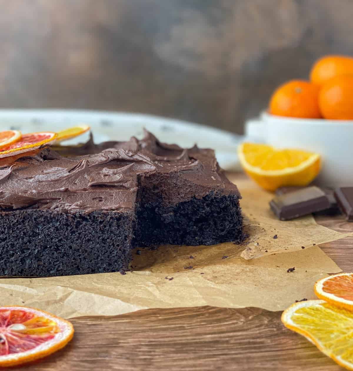 Chocolate Orange Cake with slice missing.