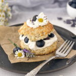 Blueberry Shortcake with Lavender Biscuit with a silver fork alongside.