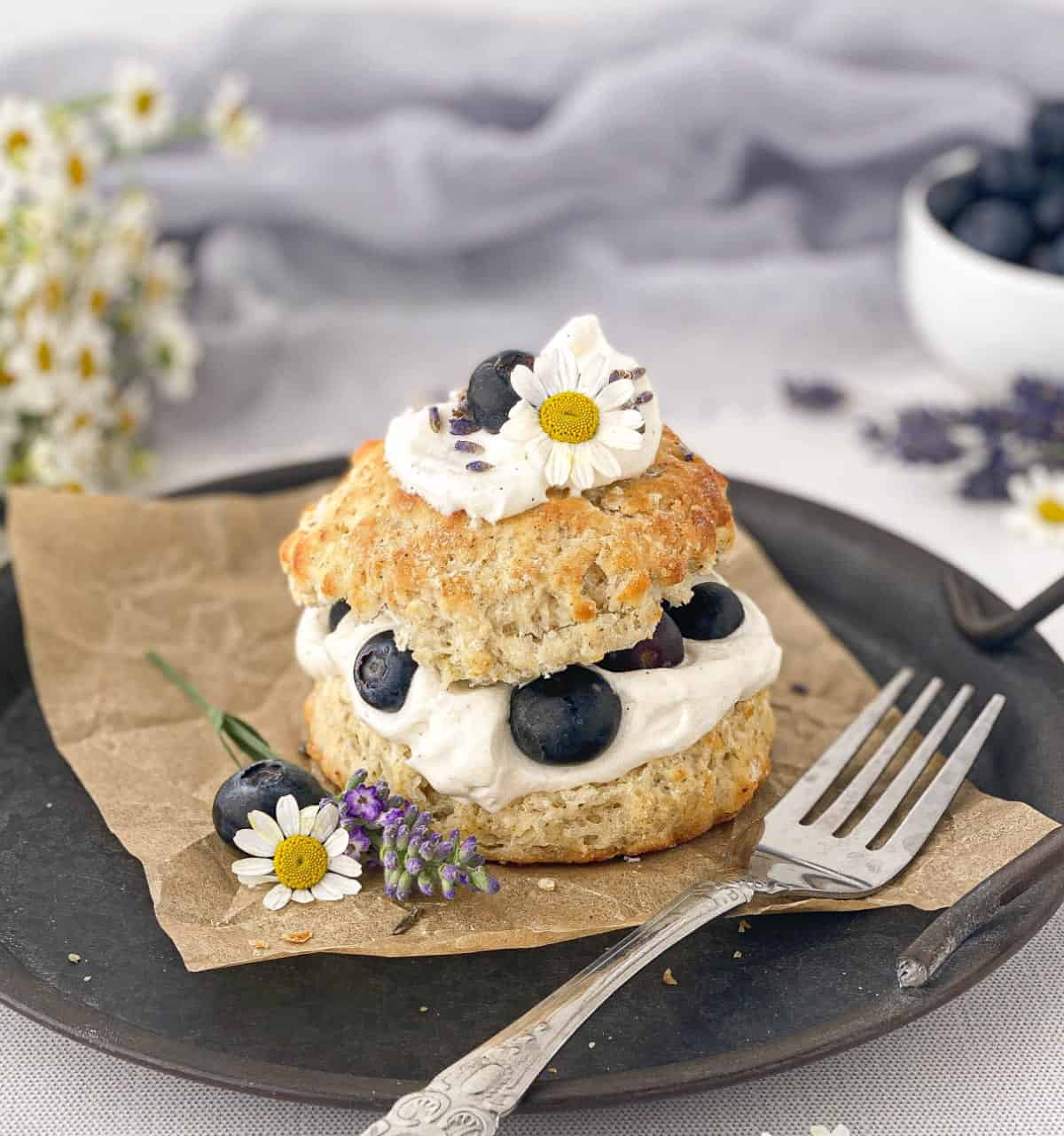 Blueberry Shortcake with a silver fork alongside.