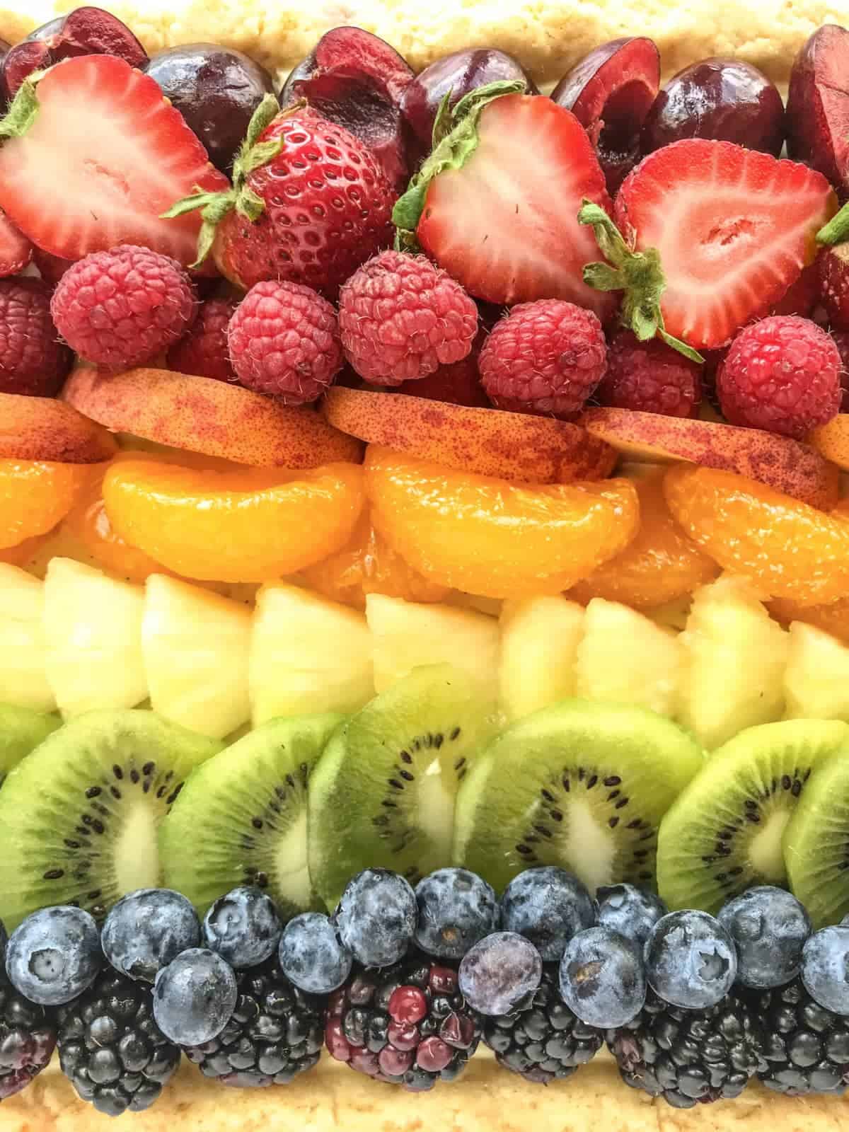 Closeup view of a rainbow fruit tart.