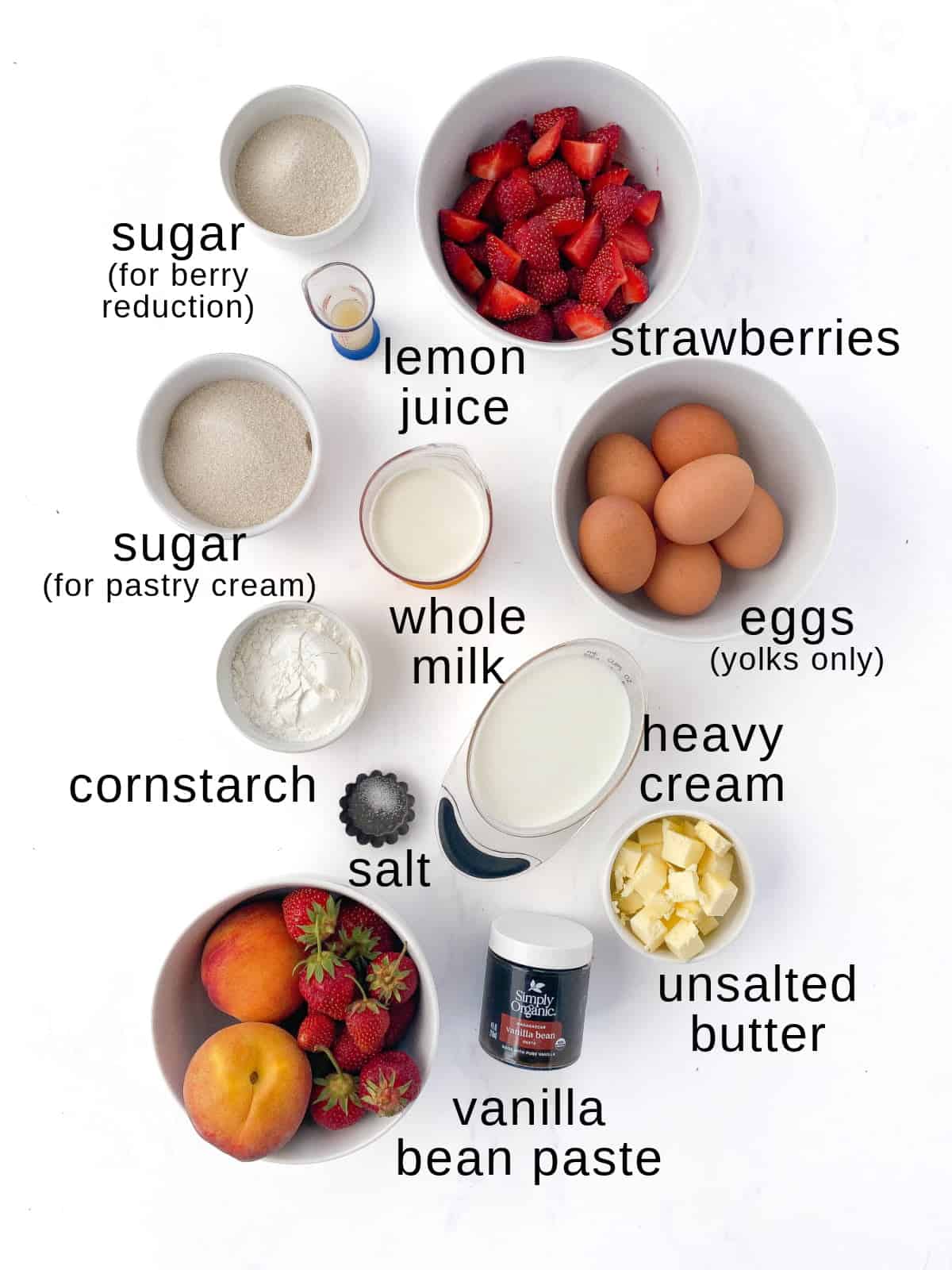 Strawberry Peach Tart ingredients on a white background.