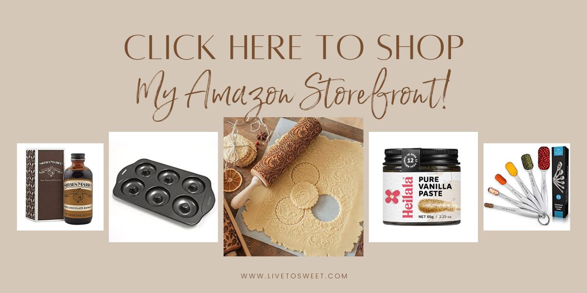 Text "Click here to shop my Amazon storefront" with images of baking tools and supplies.
