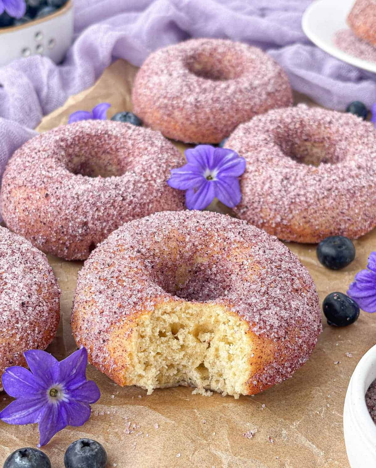 strawberry powdered sugar doughnuts Blueberry Sugar Donuts, one with a bite missing, on parchment paper with purple flowers and fresh blueberries in the foreground.